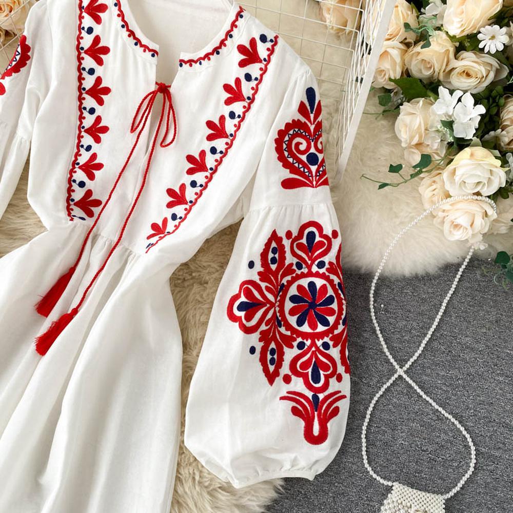 Bohemian Navy O-Neck Lacing Embroidered Flower Lantern Sleeve A-line Dress AR1011