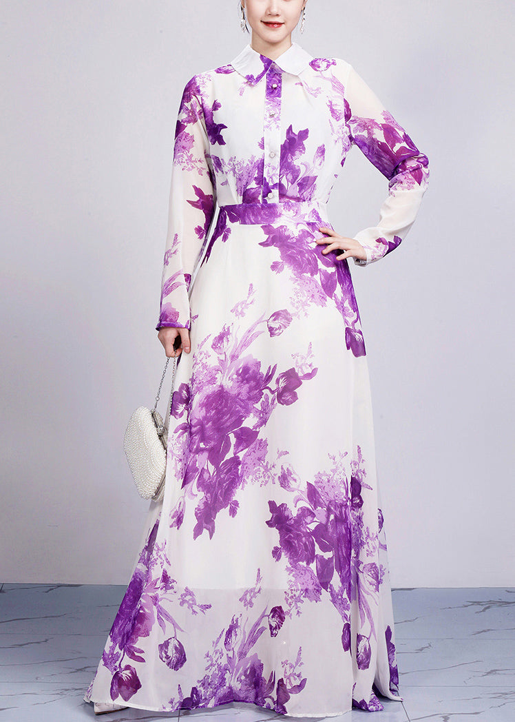 Beautiful Purple Peter Pan Collar Print Chiffon Maxi Dresses Long Sleeve AR1029