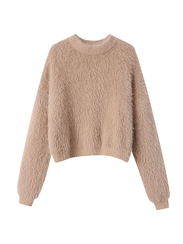 Simple Loose Coffee Round-Neck Long Sleeve Mohair Knit Top AN1062