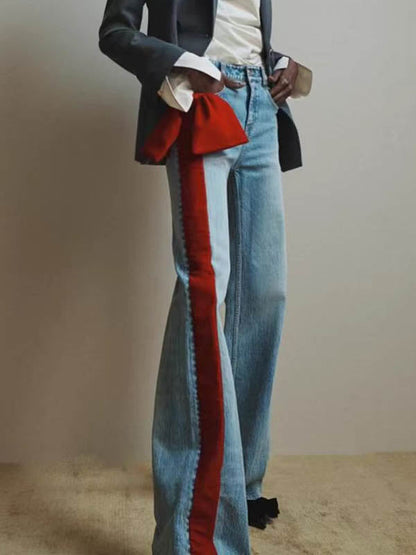 Jean droit rouge chic noué taille haute boutonné 