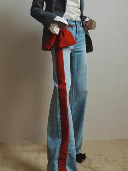 Jean droit rouge chic noué taille haute boutonné 