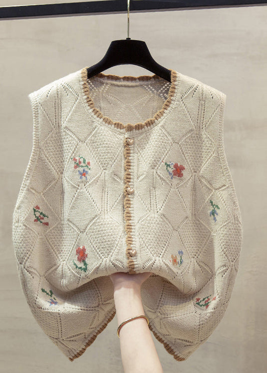 Unique Beige O-Neck Embroidered Floral Cotton Knit Waistcoat Fall QP013