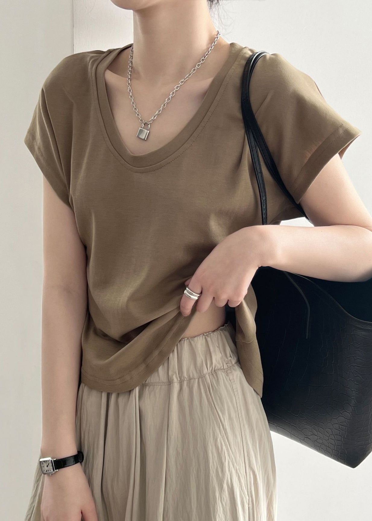 Sommer Solide Einfache Kaffee T Neck O Shirt Baumwolle 