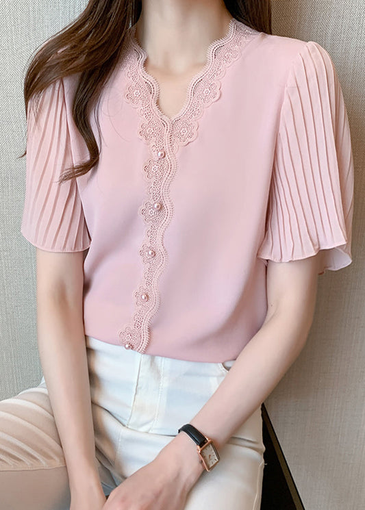 Patchwork Sommer Chiffon Italienische Nagelperlen Shirt Top Spitze Rosa 