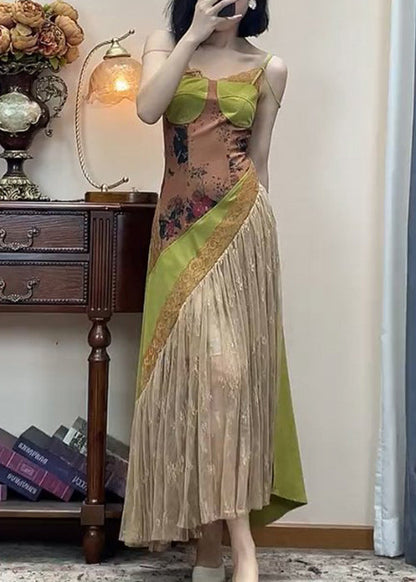 Spaghetti-Spitze Neues Grünes Kleid Patchwork-Träger Ärmellos