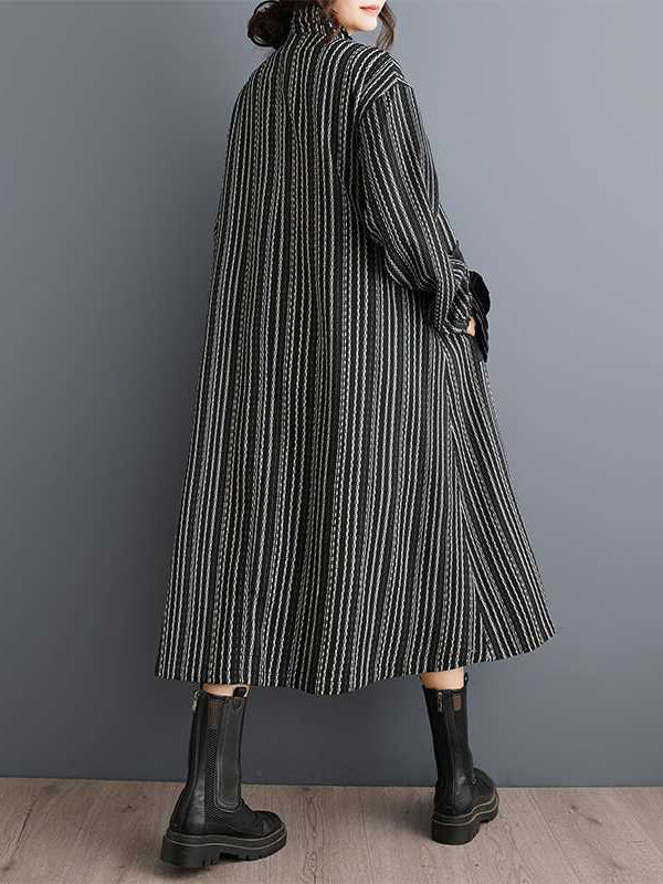 Design Black Lapel Flower Pockets Striped Long Sleeves Zip-up Dress WS010