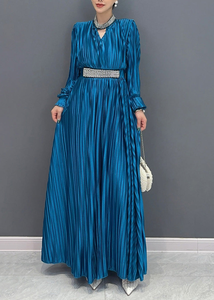 Elegant Blue V Neck Wrinkled Maxi Dress Long Sleeve AO1037