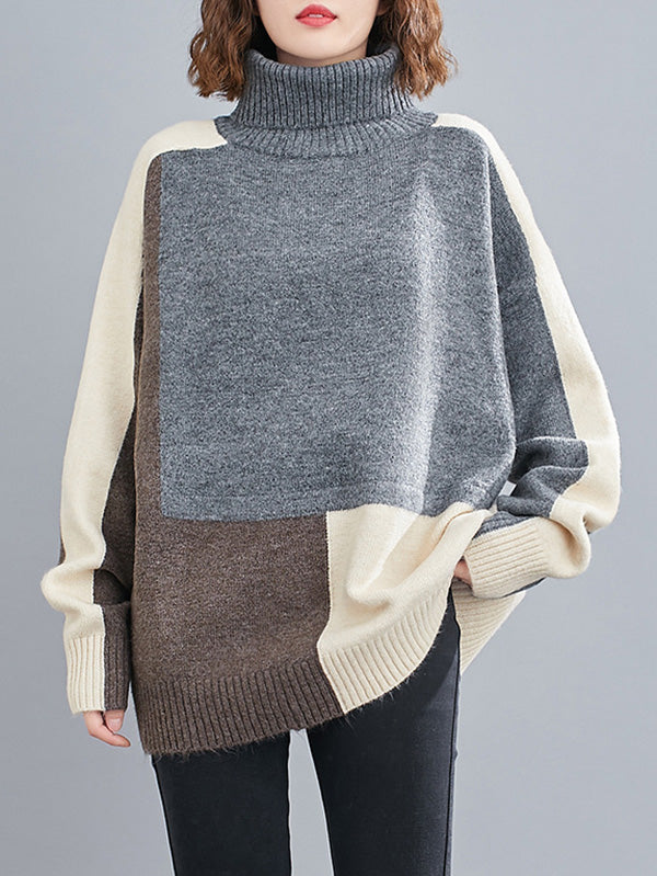 Stylish Grey High-Neck Color-block Long Sleeve Knit Sweater AN1043