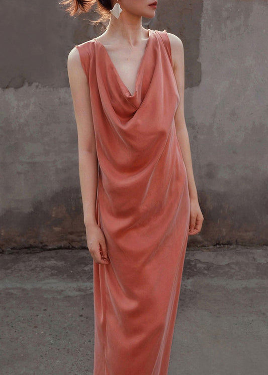 Robe longue en soie orange sans manches pour femme, couleur unie, en dentelle 