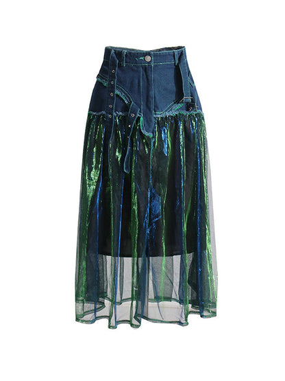 Jupe trapèze en tulle bleu vert avec patchwork en jean et ceinture TT1038 