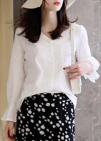 Flare Out French Hollow Weißes Baumwolltop mit V-Ausschnitt und Stickerei 