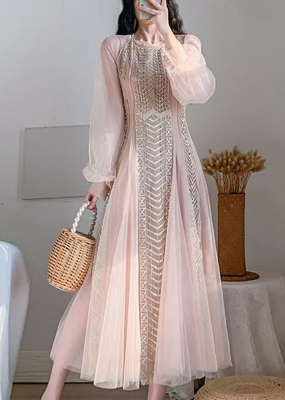 Robe à manches bouffantes en tulle et perles à ongles rose 2024 AZ1019 