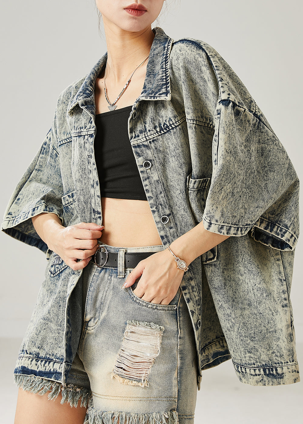 Modern Grey Oversized Pockets Denim Jacket Summer AZ1048