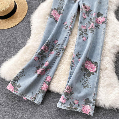 Pantalon large en denim à imprimé rose bleu pour femme AR1016 