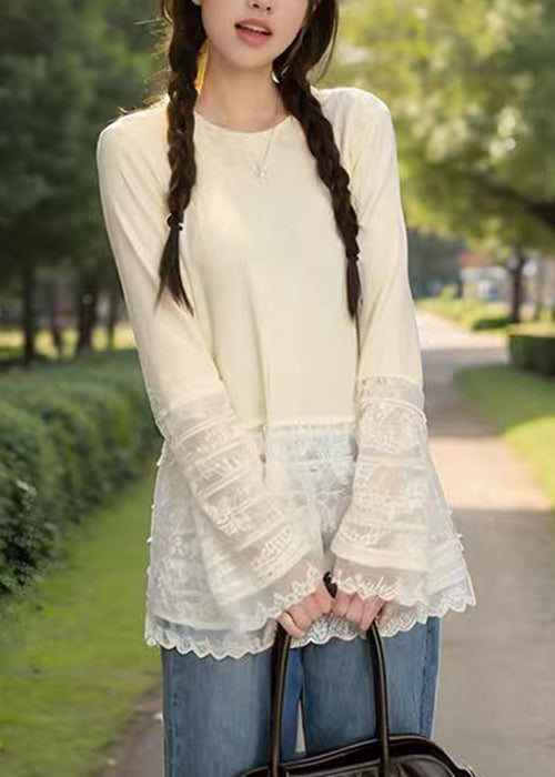 Chemise slim boutonnée patchwork coupe T, dentelle printanière beige 