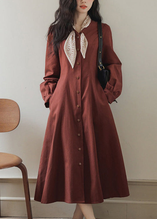 Fit Slim Pockets Kleid Schleife Rot Frühling Maxi Button 