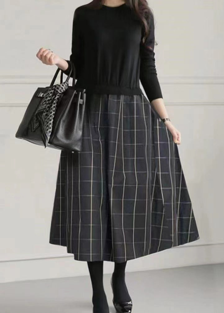 Große Fake Knit Patchwork Zwei Extra Stück Saum Kleider Schwarz Tailliert 