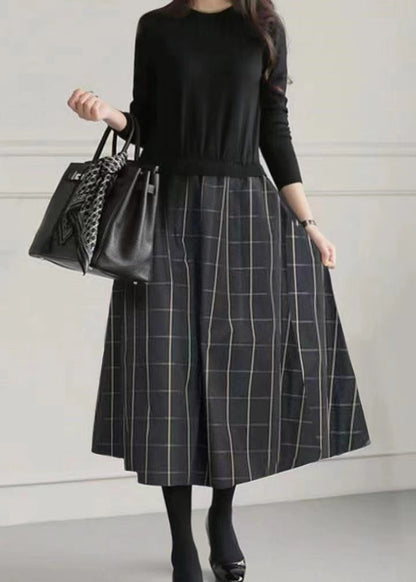 Große Fake Knit Patchwork Zwei Extra Stück Saum Kleider Schwarz Tailliert 