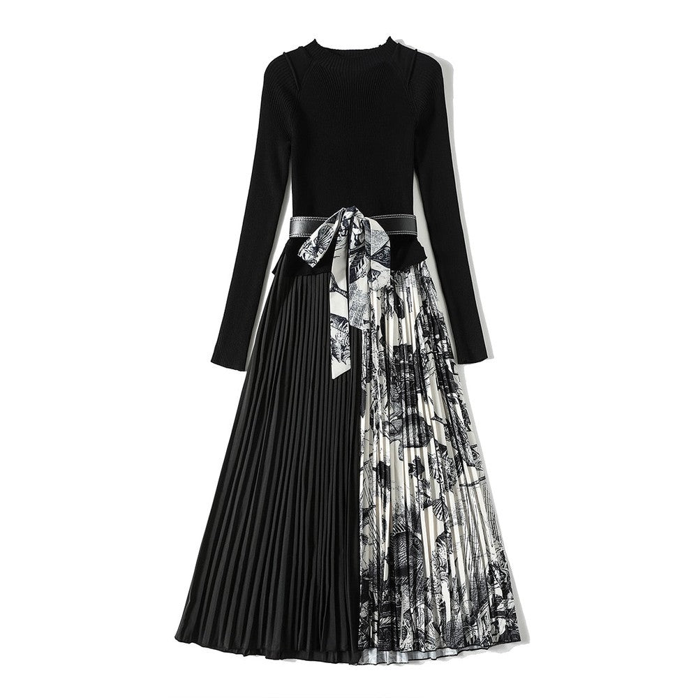 Women Black O-neck Belt Patchwork Floral Print Pleated Hem Long Sleeve Knit Dress AR1001