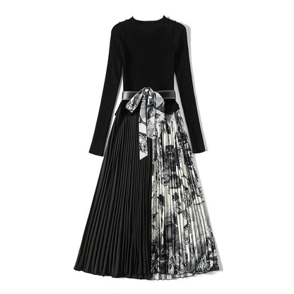 Robe en tricot à manches longues et ourlet plissé avec ceinture et col rond pour femme, imprimé floral, noir, AR1001 