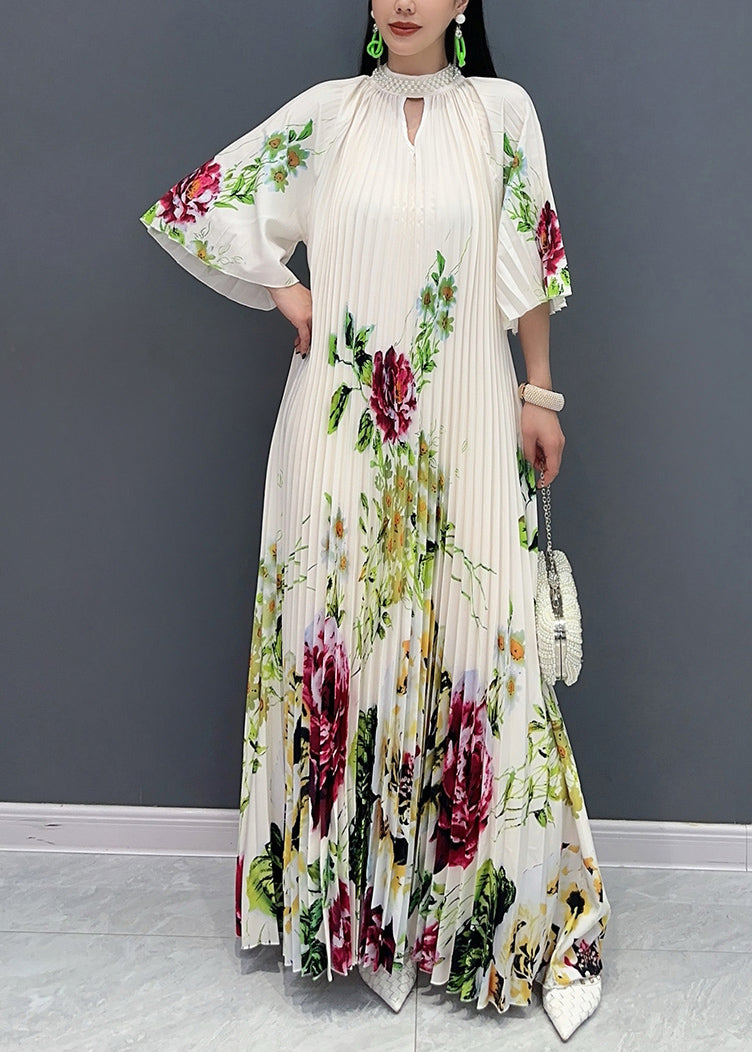 Stylish White Stand Collar Print Maxi Dresses Half Sleeve AO1022