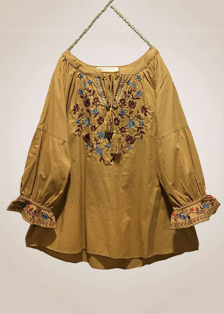 Grace Red Embroidered Lace Up Cotton Shirt Long Sleeve QR025