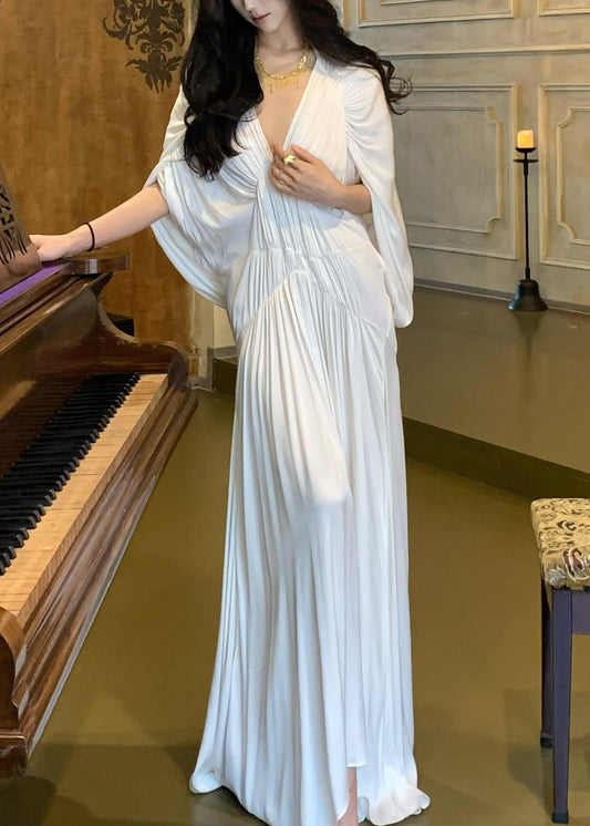 Robes col blanc froncé manches chauve-souris uni femme V 