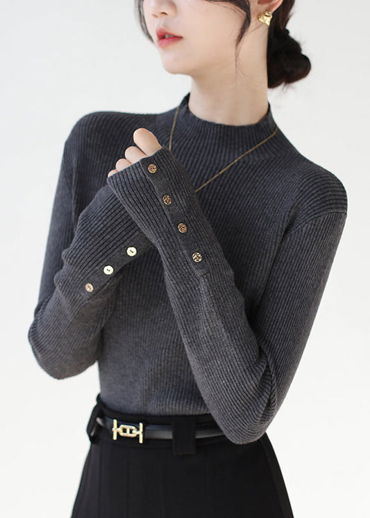 Edler Dunkelgrauer Patchwork-Strickpullover mit hohem Halsausschnitt, Winter, RV038 