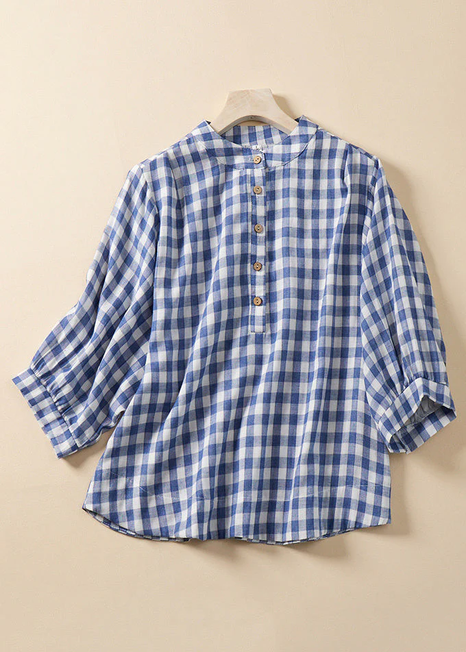 Grace Blue Plaid Stand Collar Cotton Blouses Bracelet Sleeve QR023