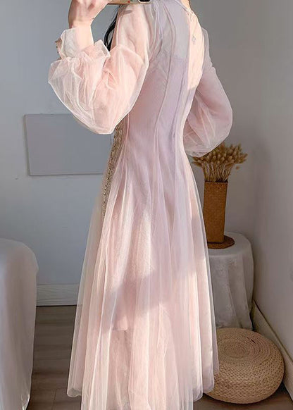 Robe à manches bouffantes en tulle et perles à ongles rose 2024 AZ1019 