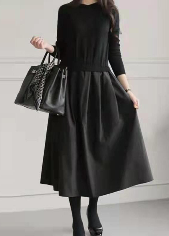 Große Fake Knit Patchwork Zwei Extra Stück Saum Kleider Schwarz Tailliert 