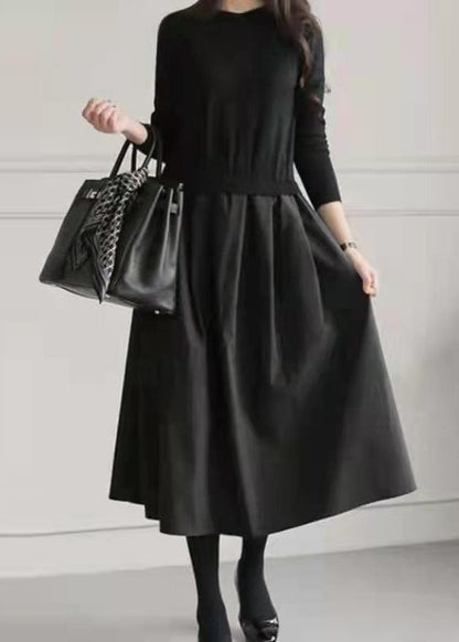 Große Fake Knit Patchwork Zwei Extra Stück Saum Kleider Schwarz Tailliert 