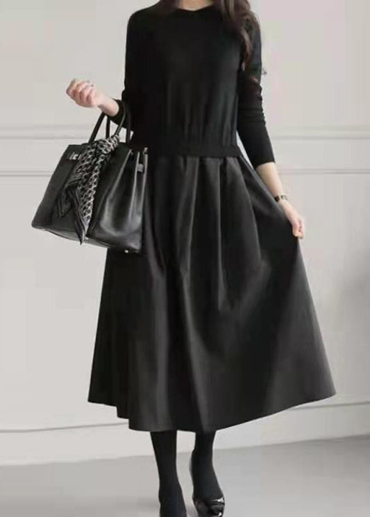Große Fake Knit Patchwork Zwei Extra Stück Saum Kleider Schwarz Tailliert 