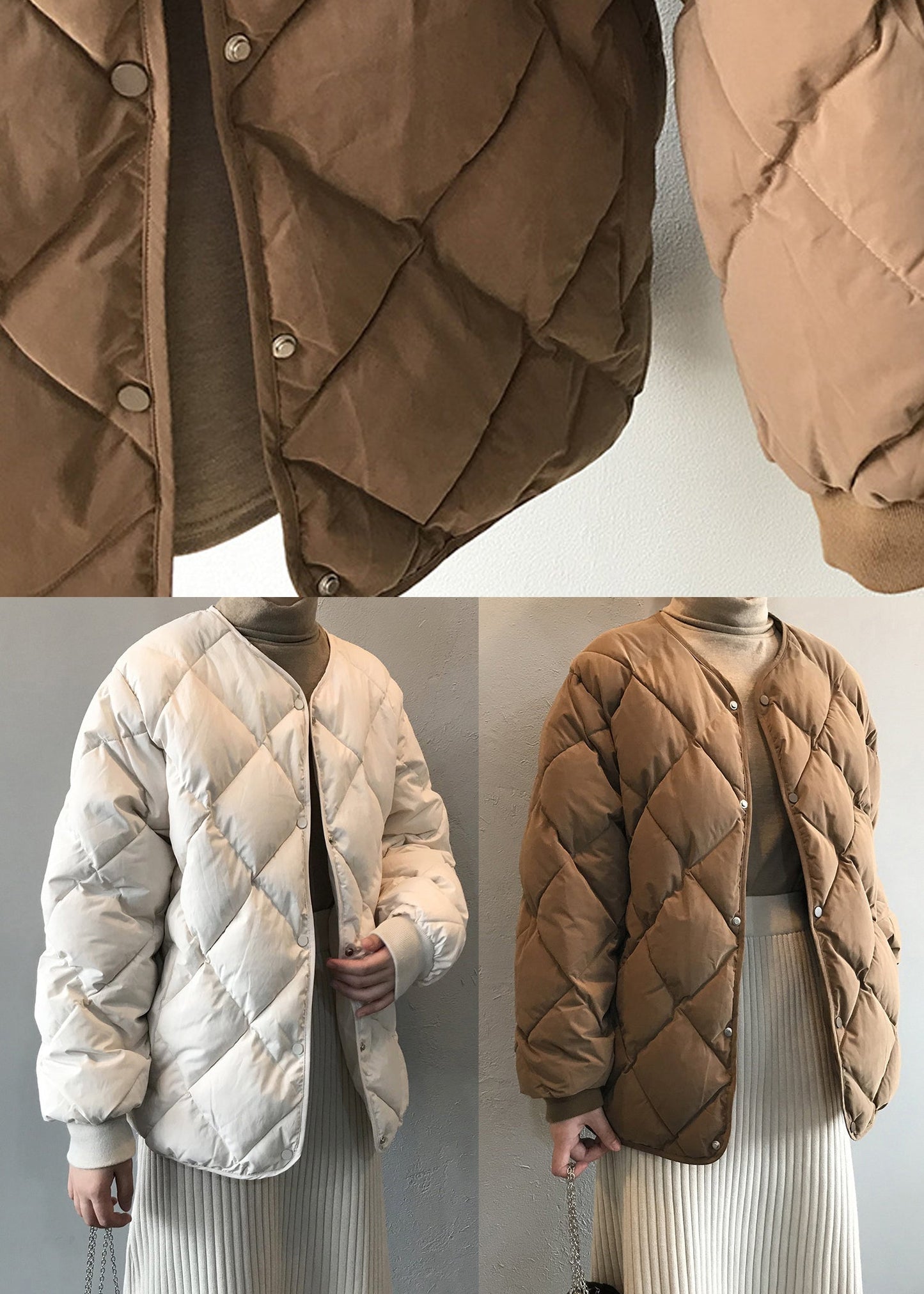 Beige Pockets Button Fine Cotton Filled Coats Winter AF1005