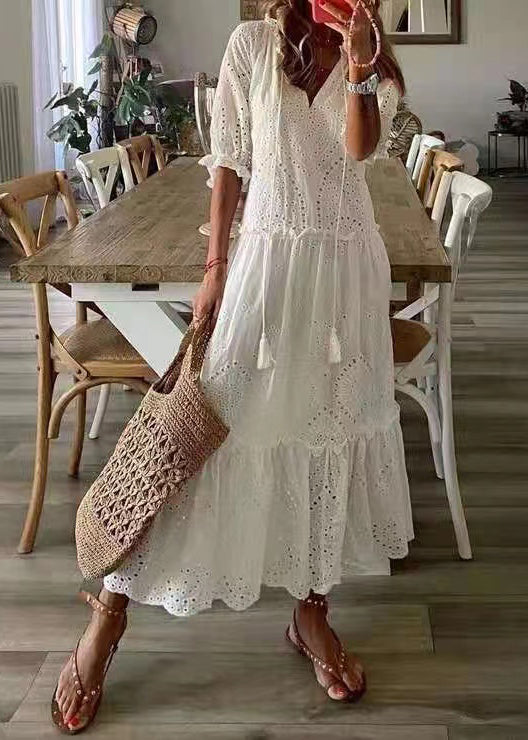 Baumwolle Rüschen Elegante Sommer Party Out Kleid Hohl Weiß 