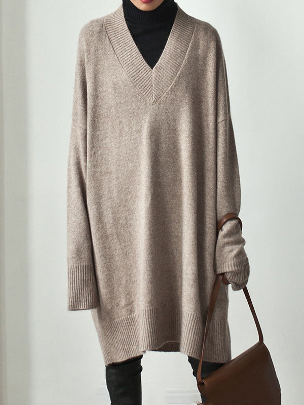 Stylish Loose Camel V-Neck Long Sleeve Sweater Dress QX006