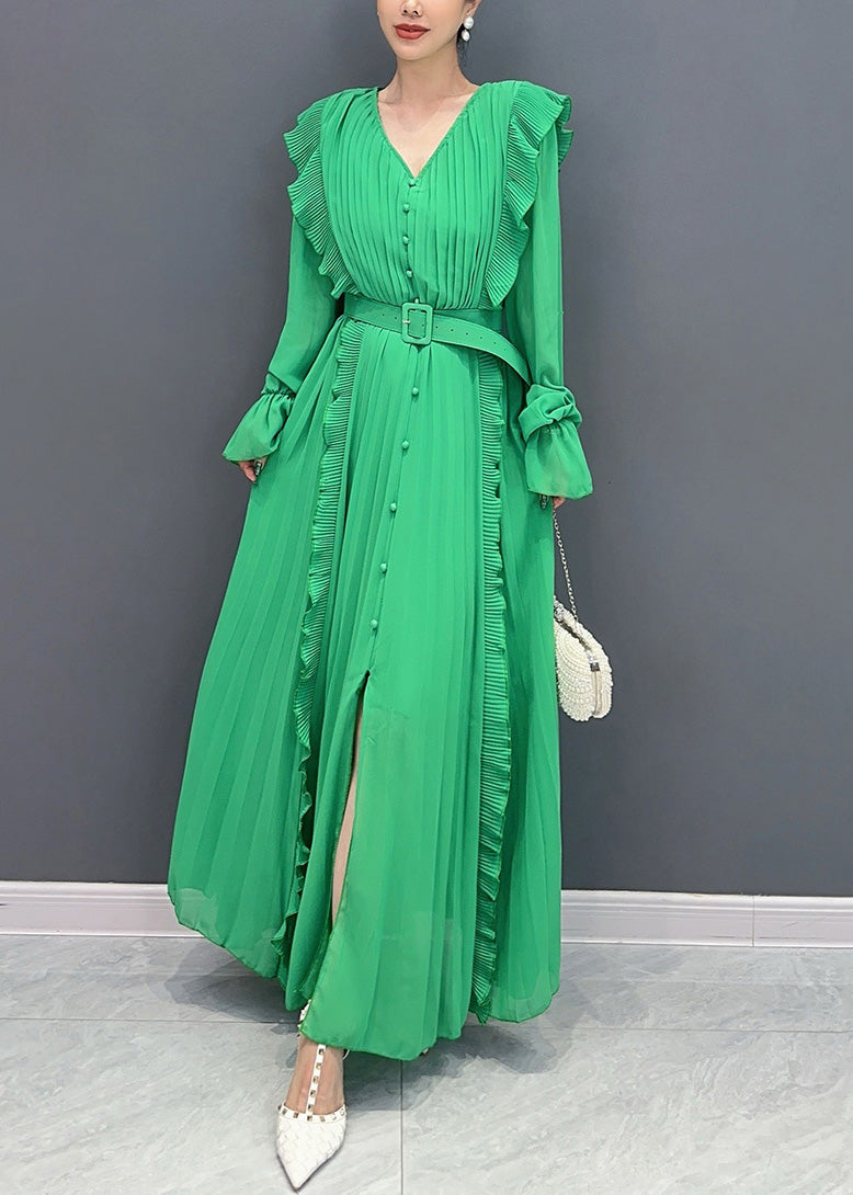 New Green Ruffled Button Sashes Chiffon Dress Long Sleeve AR1033