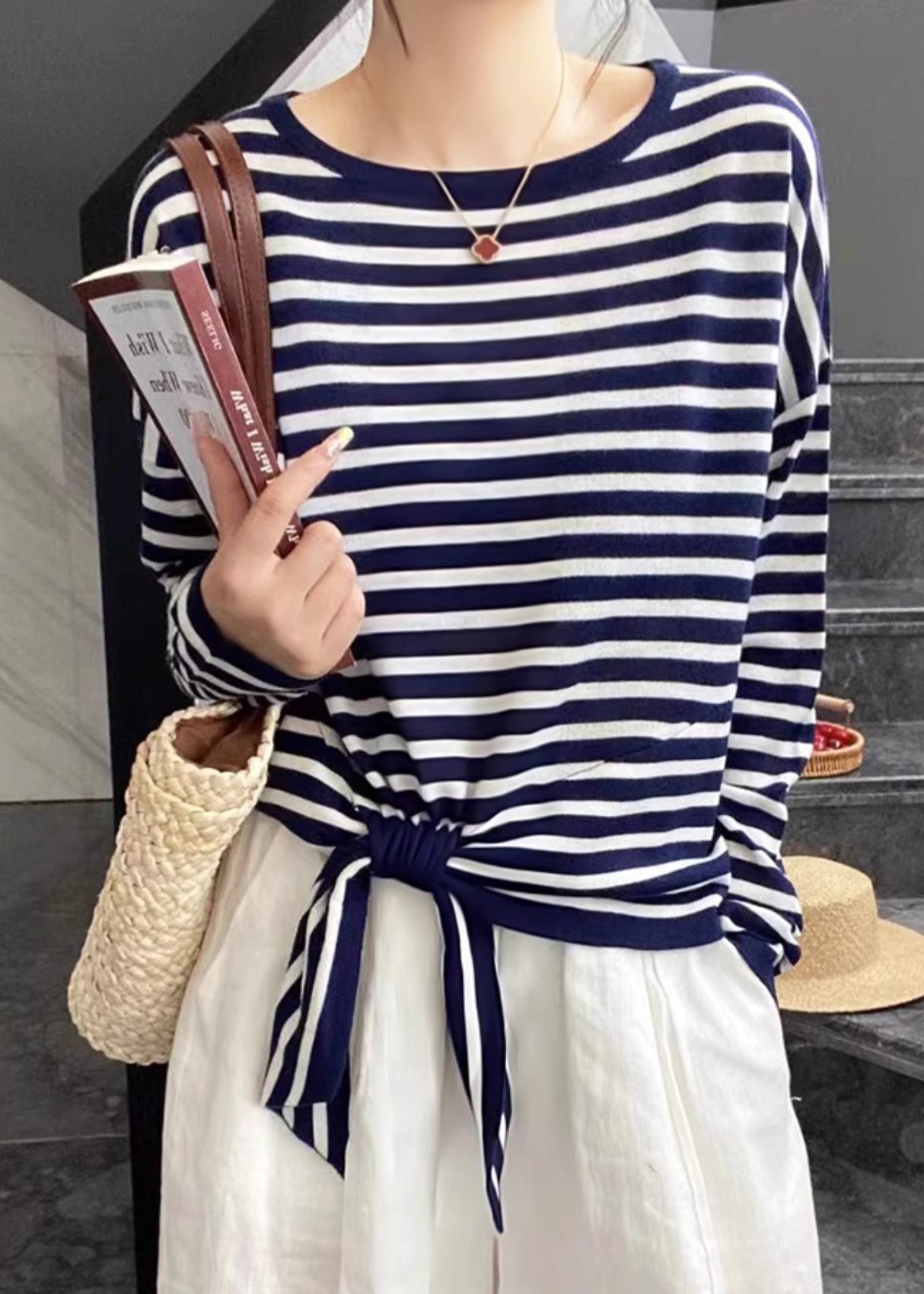 Spring OT Lace Striped Black Up Loose Neck Baumwollhemd 