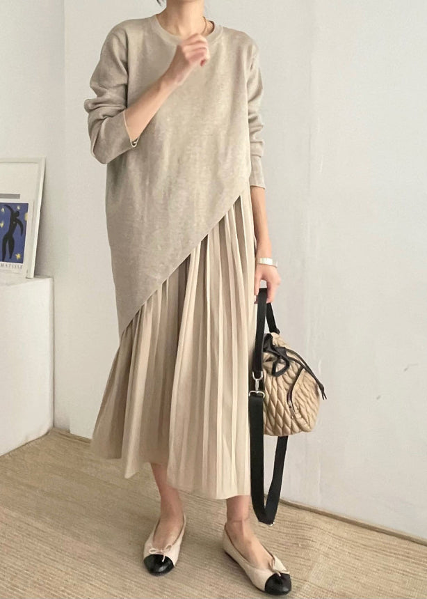 Robe asymétrique froissée en deux mailles kaki, magnifique ensemble 
