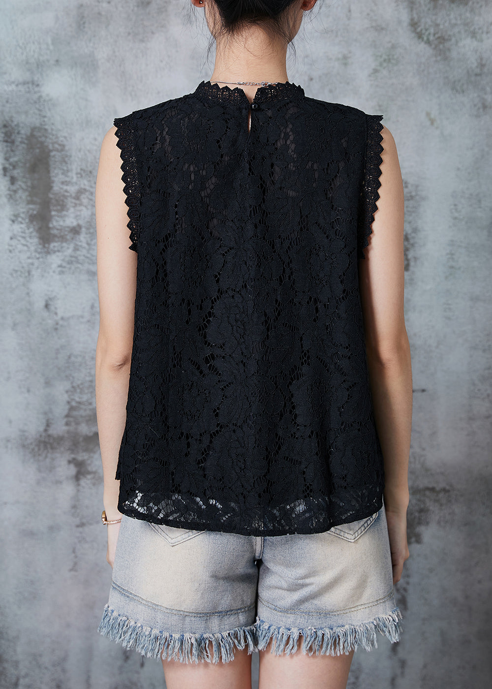 Unique Black Lace Patchwork Wrinkled Tanks Summer QA1026