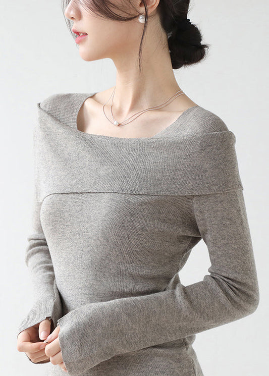 Pull en maille slim gris français à col bateau et patchwork, hiver RV031 