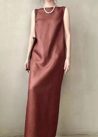 Offene Seite Ärmellos Lange Rücken Elegante Rote Kleid Taschen Seide