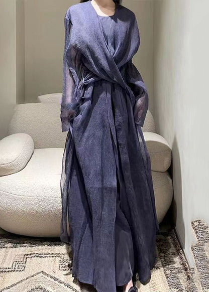 Robe longue en tulle à manches longues et taille nouée en patchwork violet foncé TT1018