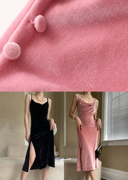 Robe sexy à bretelles spaghetti en velours de soie rose avec boutons et ouverture latérale sans manches AF1020 