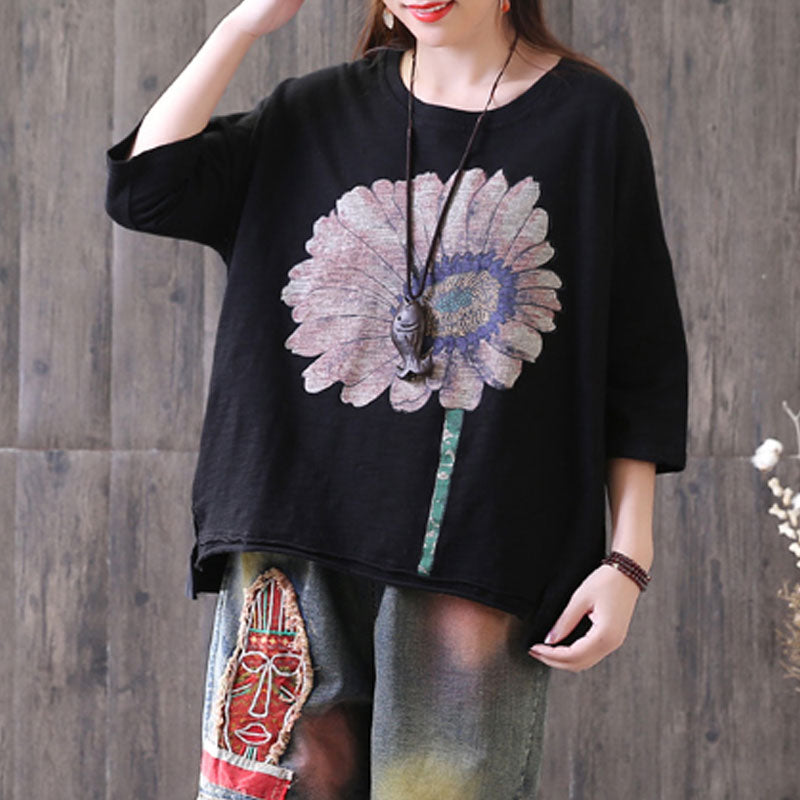 Plus Size Short Sleeve Sunflower Printed T-shirt QW1052