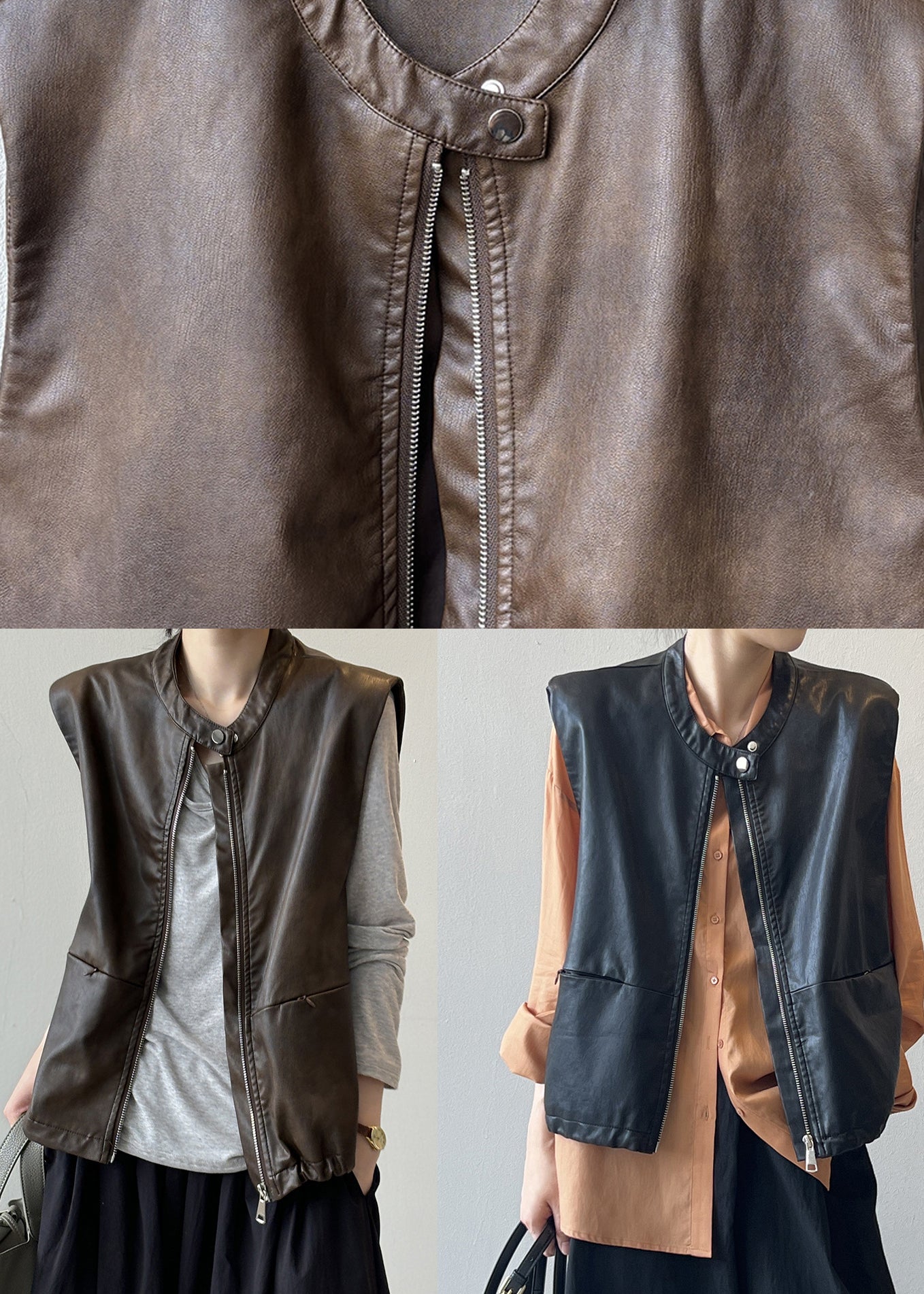 Style Coffee Zip Up Faux Leather Vest Tops Sleeveless WD014