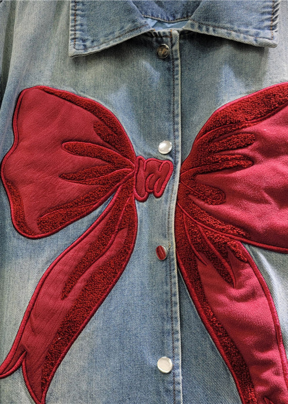 Manteau de printemps en denim Peter Pan, nouveau col boutonné, nœud bleu 