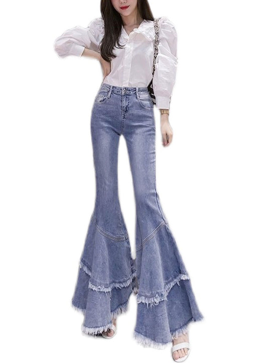 Denim Frühling Stilvolle Quaste Ausgestellte Patchwork Hose Blau 