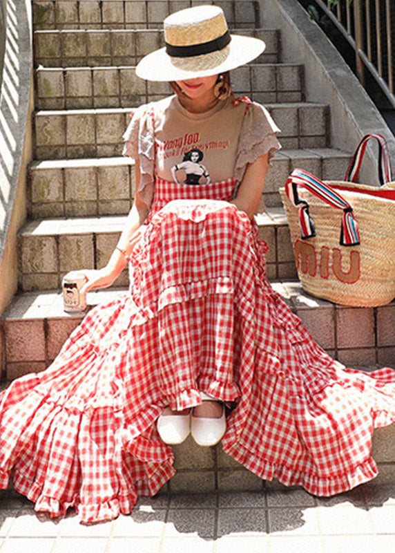 Hals Plaid Ärmellose Taste Stilvolle Kleider Layered Rot Slash 