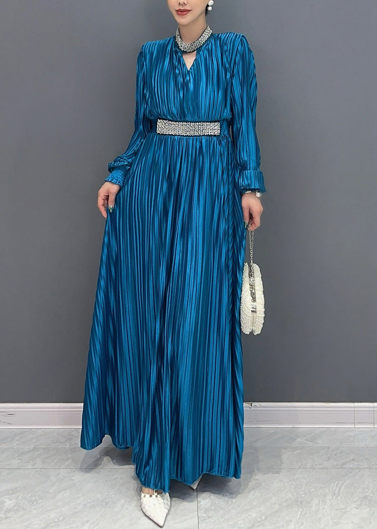 Elegant Blue V Neck Wrinkled Maxi Dress Long Sleeve AO1037